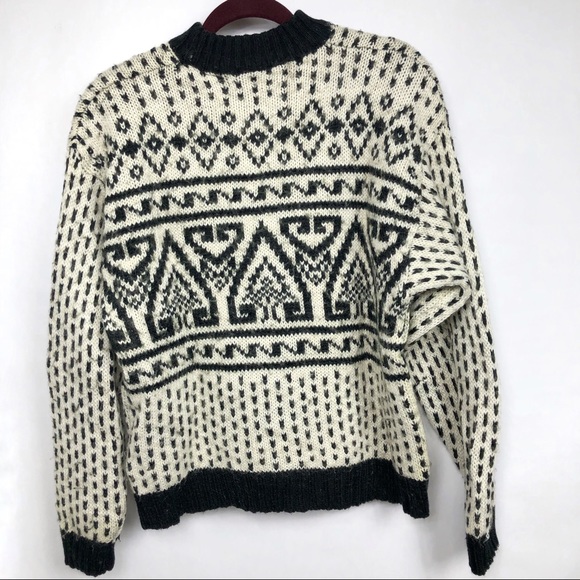 Vintage Sweater Red Sky Chunky Wool Blend Cream Black Pattern Heavy Knit Large - Picture 8 of 11